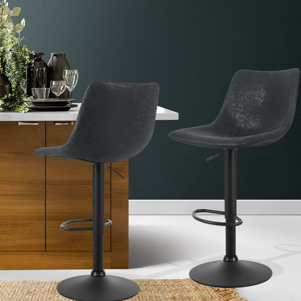 Artiss 2x Bar Stools Vintage Leather Swivel Gas Lift Black