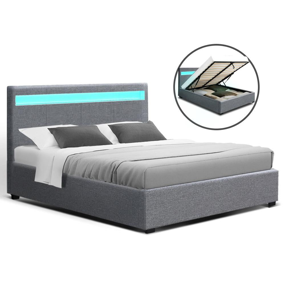 Artiss Bed Frame Double Size LED Gas Lift Grey COLE