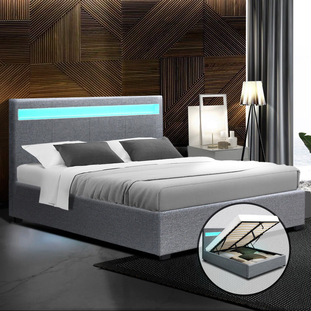 Artiss Bed Frame Double Size LED Gas Lift Grey COLE