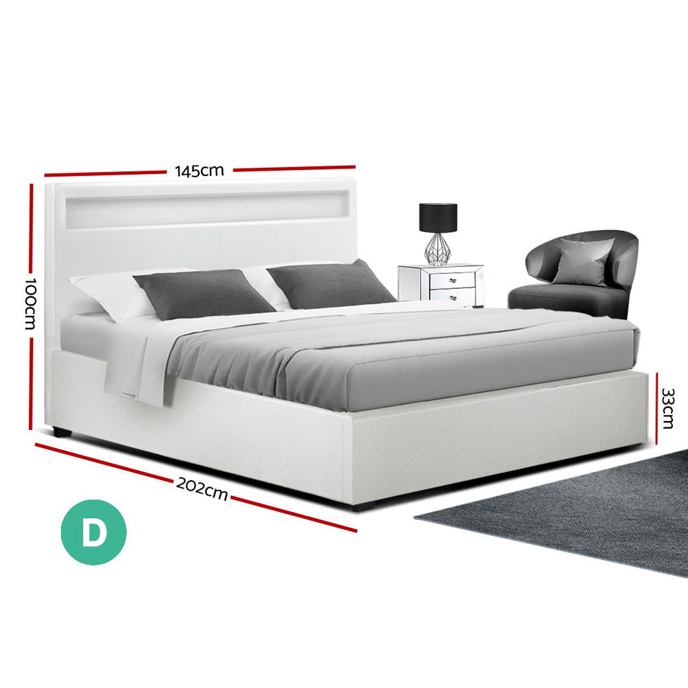 Artiss Bed Frame Double Size LED Gas Lift White COLE