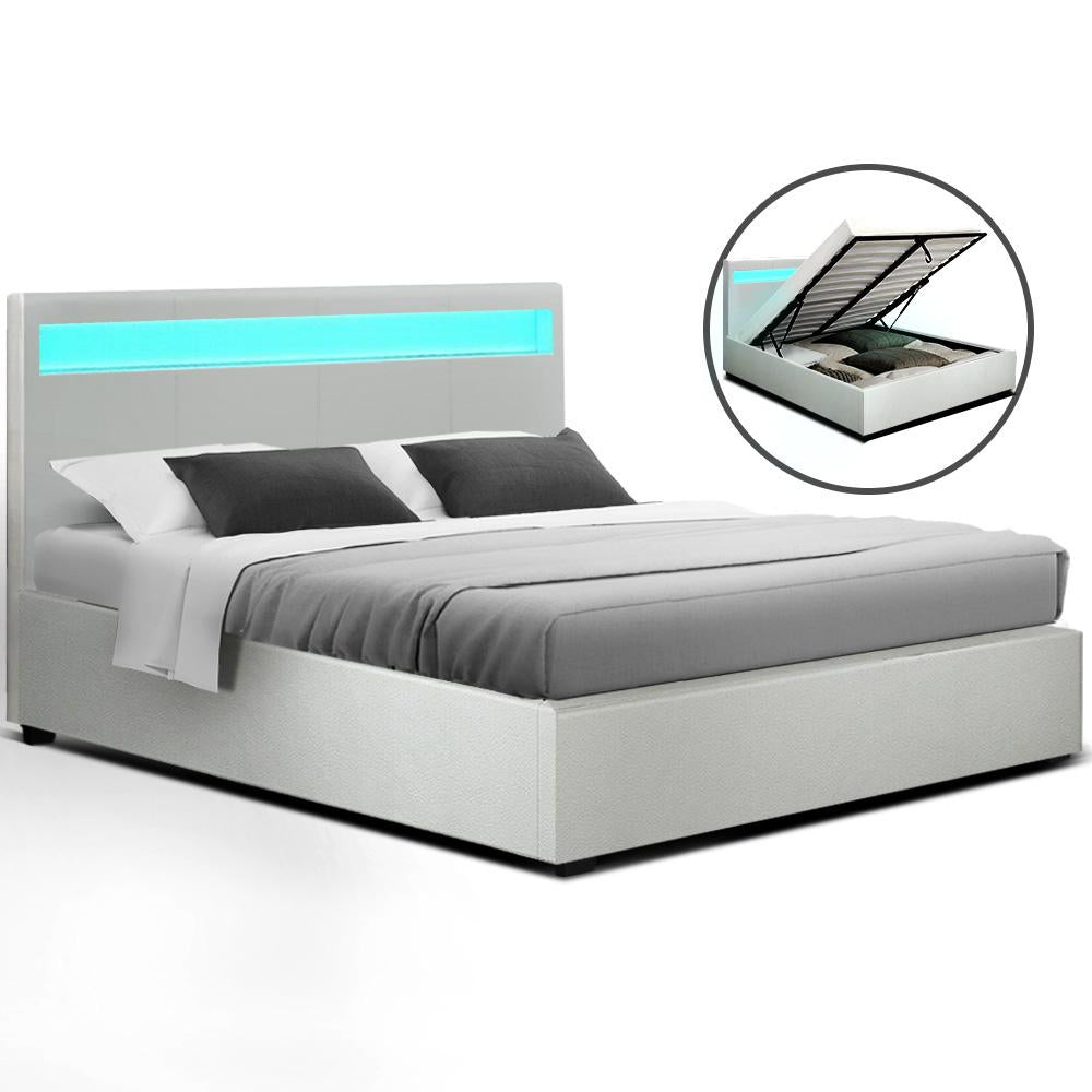 Artiss Bed Frame Queen Size LED Gas Lift White COLE