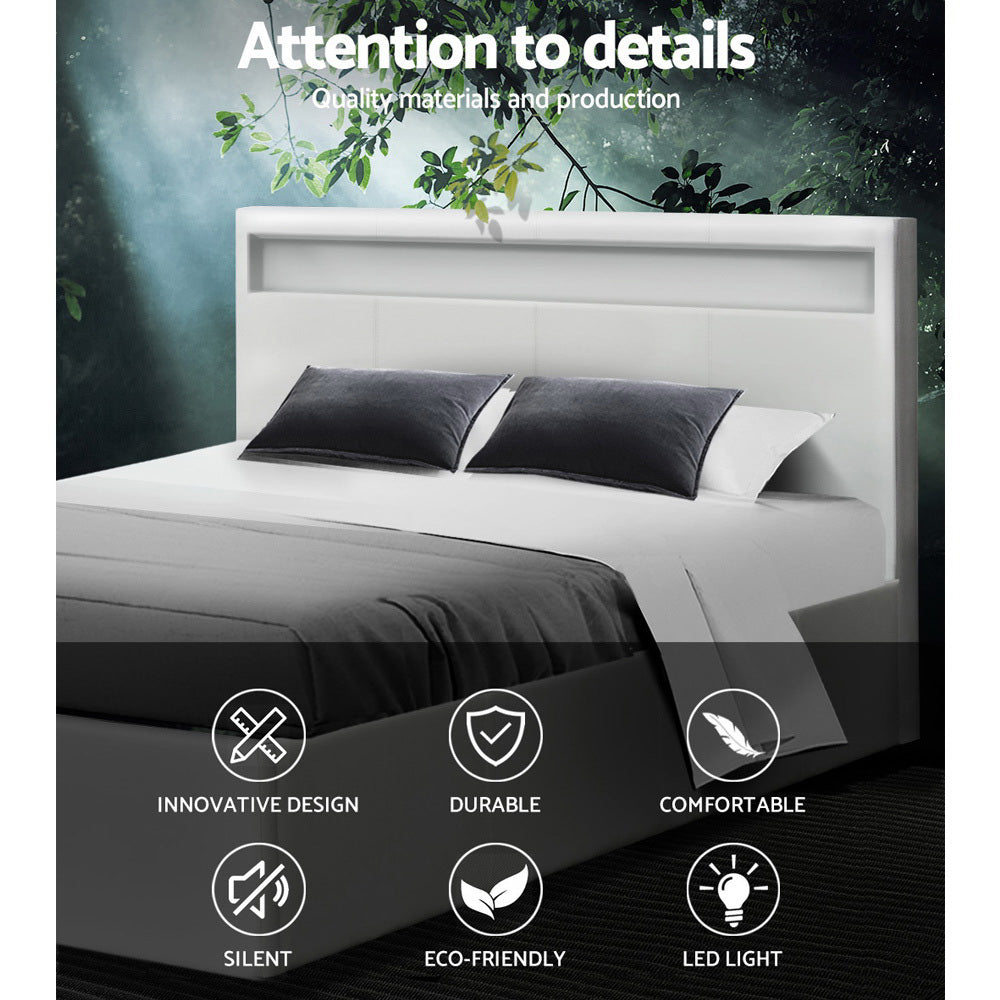 Artiss Bed Frame Queen Size LED Gas Lift White COLE