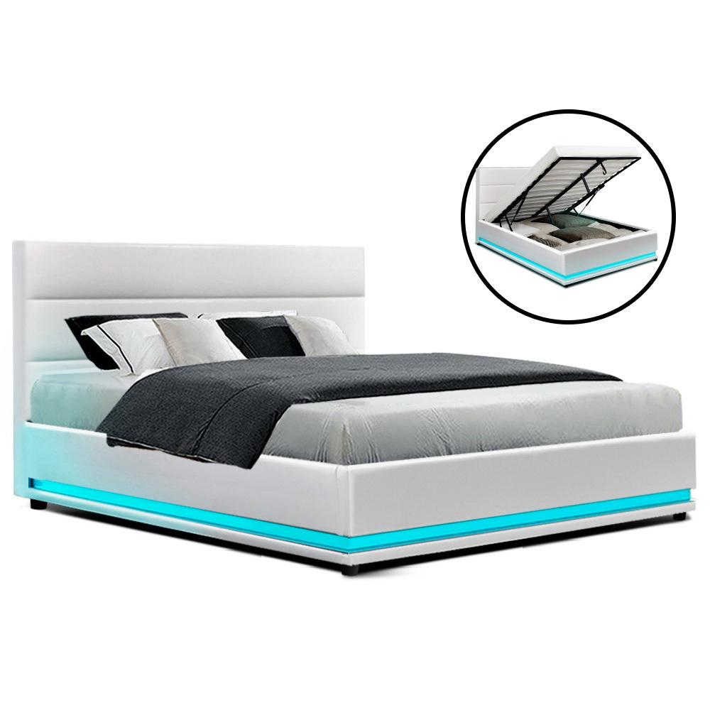 Artiss Bed Frame Queen Size LED Gas Lift White LUMI