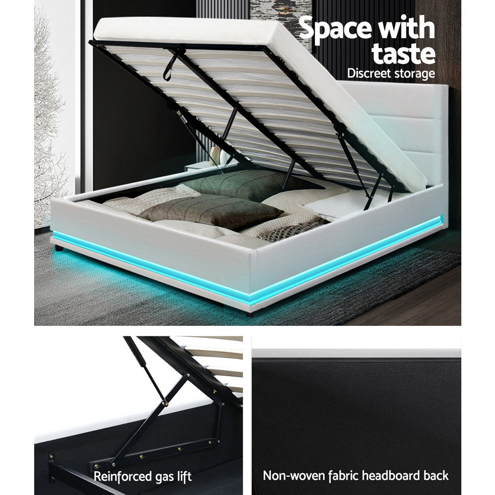 Artiss Bed Frame Queen Size LED Gas Lift White LUMI