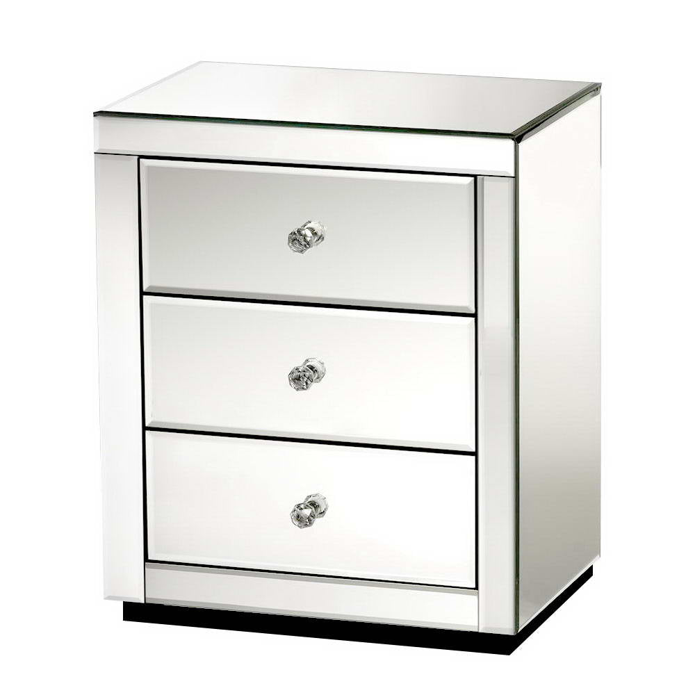 Artiss Bedside Table 3 Drawers Mirrored - PRESIA Silver