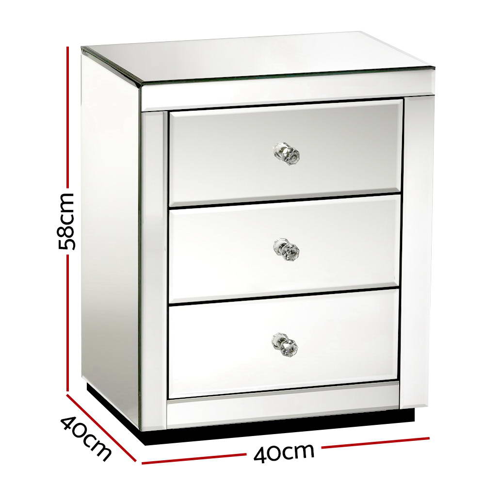 Artiss Bedside Table 3 Drawers Mirrored - PRESIA Silver