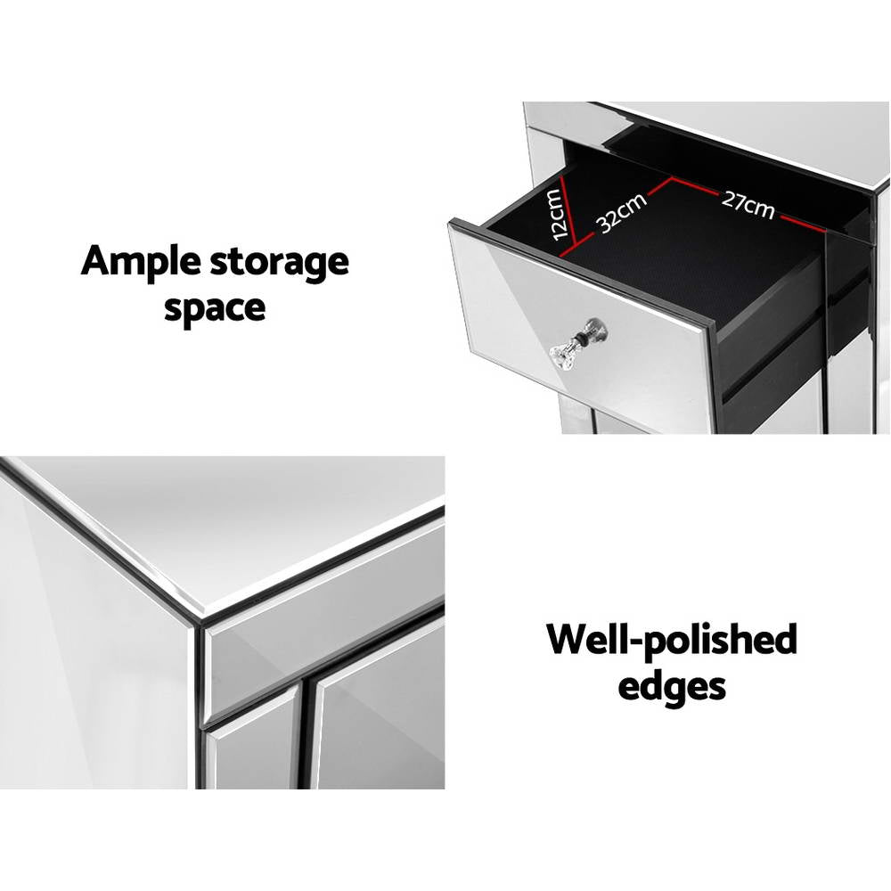 Artiss Bedside Table 3 Drawers Mirrored - PRESIA Silver