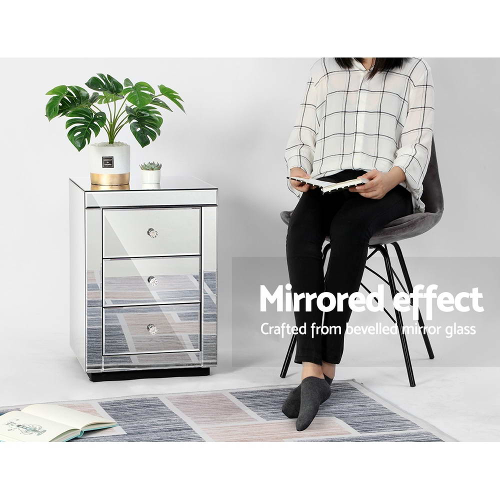 Artiss Bedside Table 3 Drawers Mirrored - PRESIA Silver
