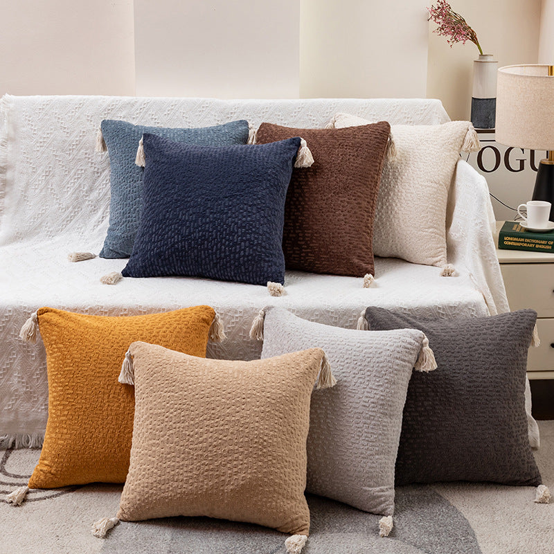 Classic White Set of 2 Textured Velvet Throw Pillow Covers with Tassels - Decorative Square Cushions 45*45cm