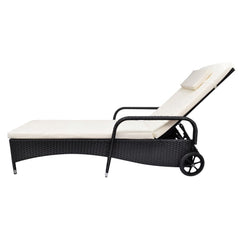 Sunlounger with Cushion Two Wheels Poly Rattan Black