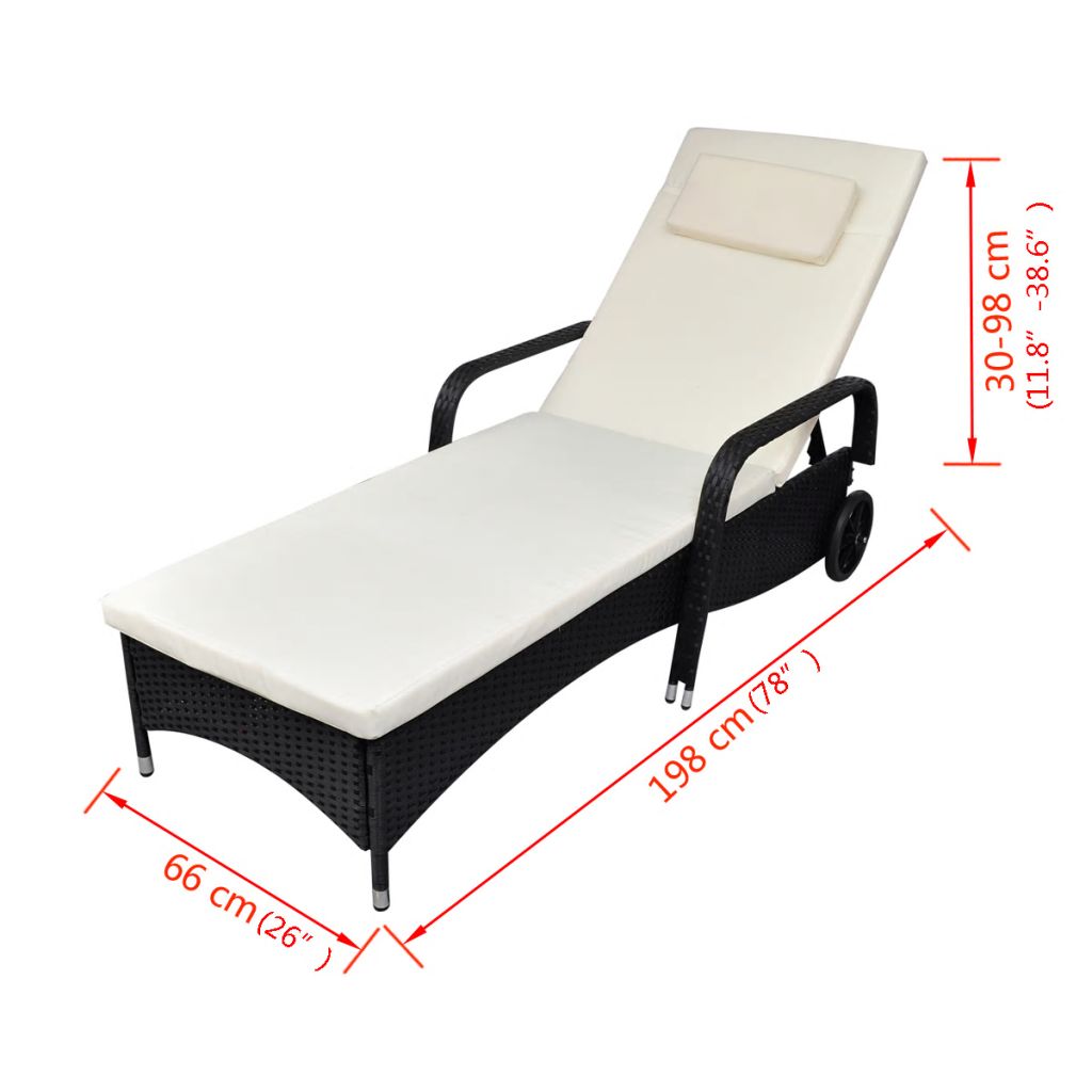 Sunlounger with Cushion Two Wheels Poly Rattan Black