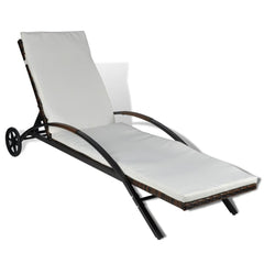 Sunlounger with Cushion Two Wheels Poly Rattan Brown