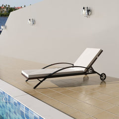 Sunlounger with Cushion Two Wheels Poly Rattan Brown