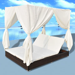 Sunlounger with Curtains Poly Rattan Brown