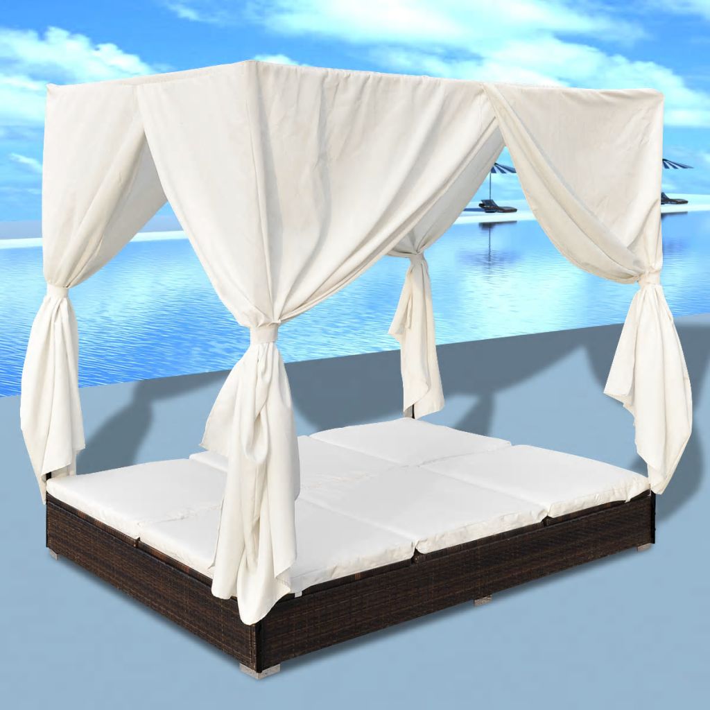Sunlounger with Curtains Poly Rattan Brown