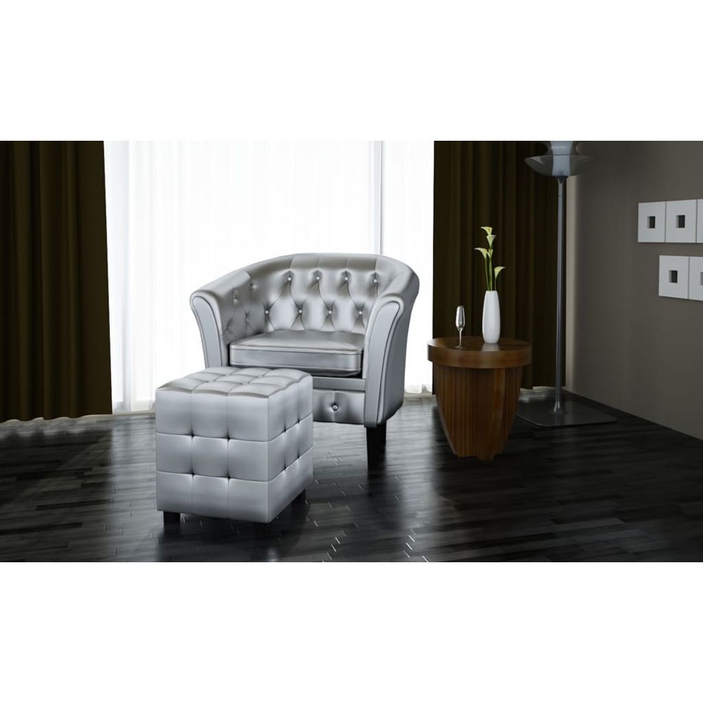 Tub Chair with Foot Stool Artificial Leather Silver