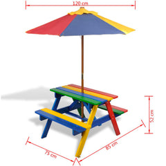 Kids Picnic Table & Benches with Parasol in Four Colours