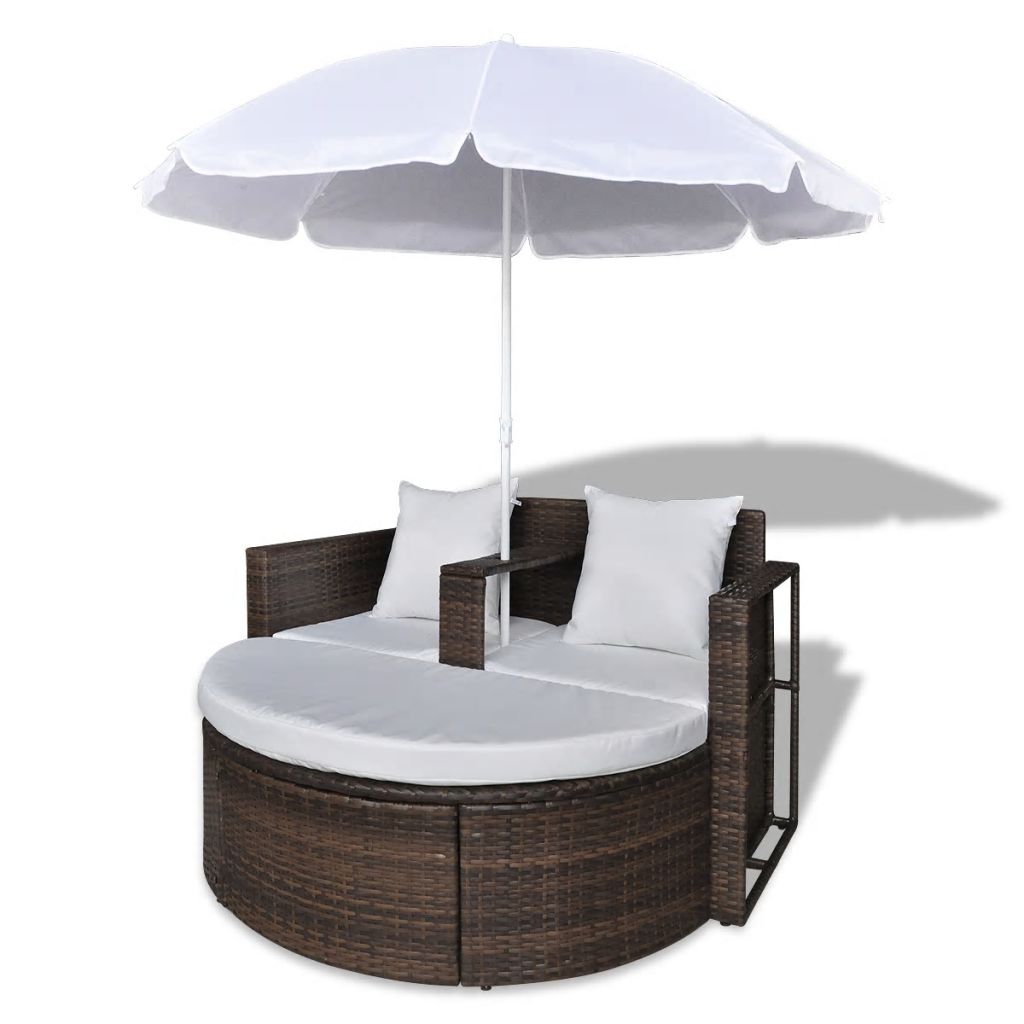 Brown Garden Poly Rattan Lounge Set with Parasol Outdoor