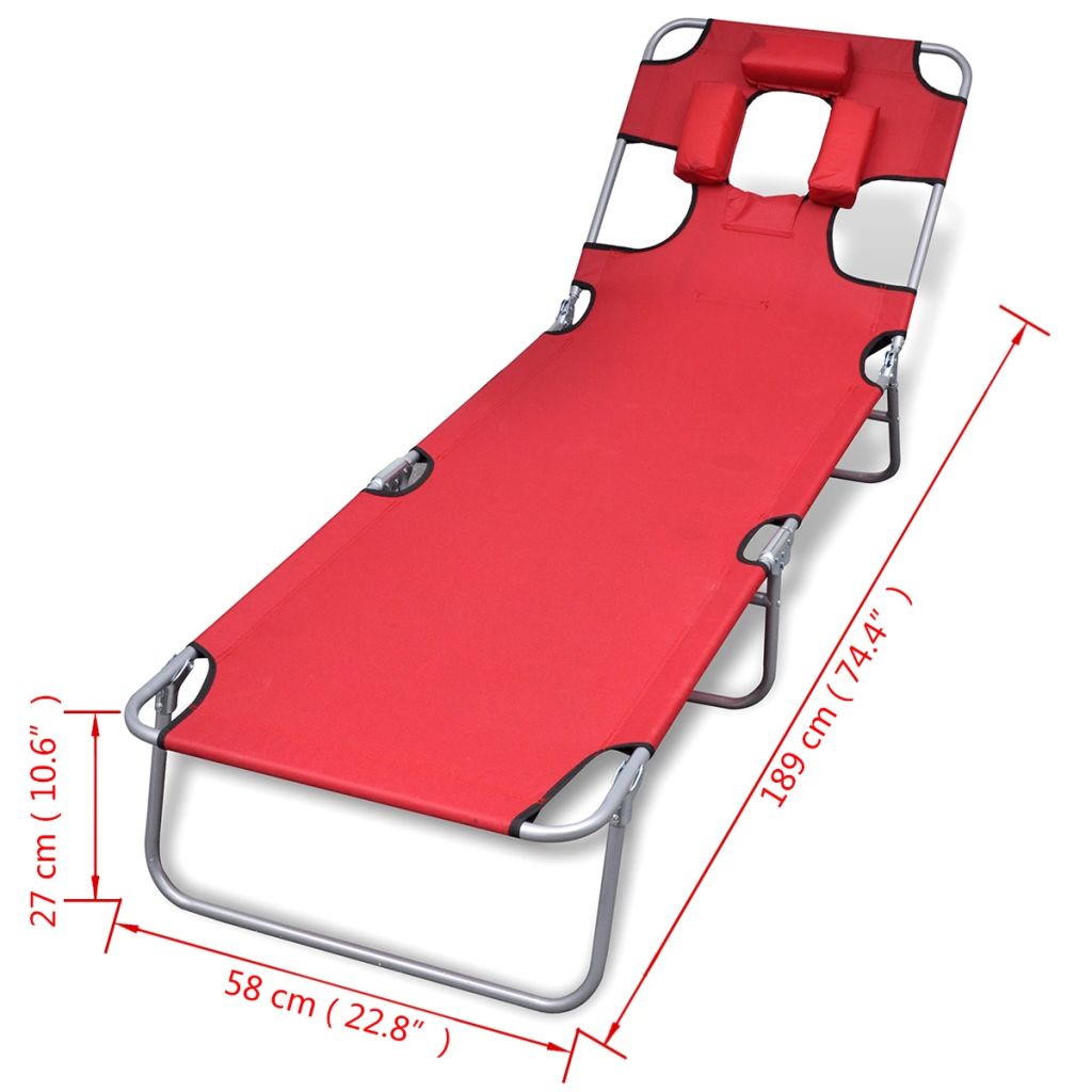 Folding Sunlounger with Head Cushion Adjustable Backrest Red