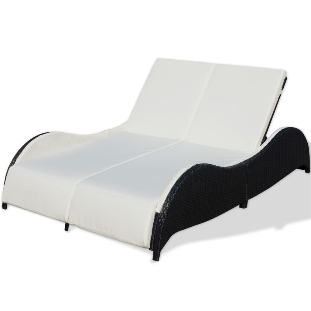 Double Sunlounger with Cushion Flowing Lines Poly Rattan Black