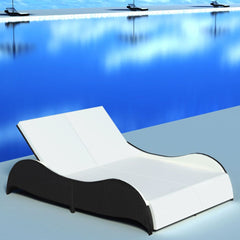 Double Sunlounger with Cushion Flowing Lines Poly Rattan Black