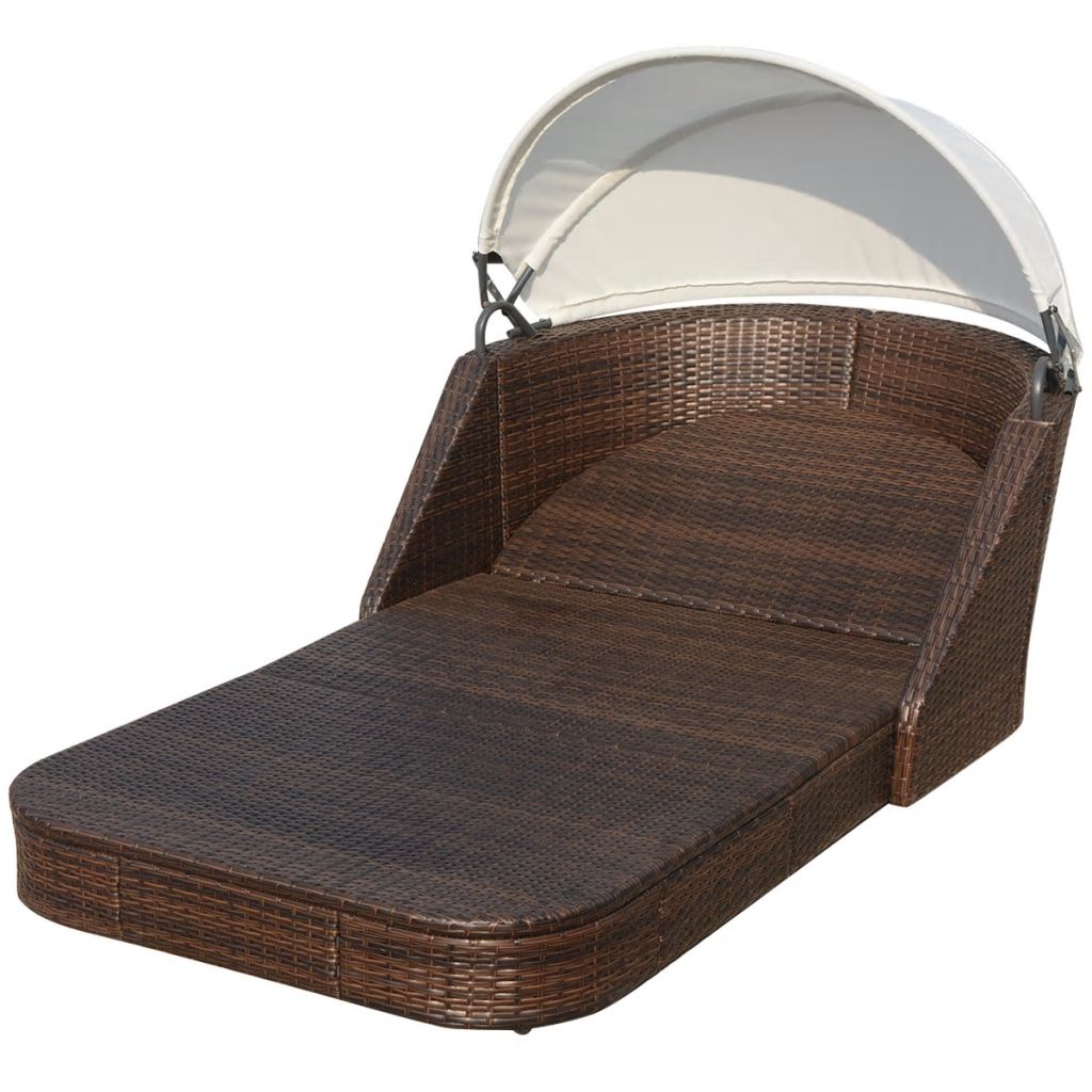 Sunlounger with Canopy Poly Rattan Brown