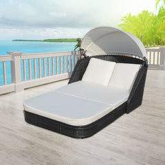 Sunlounger with Canopy Poly Rattan Black