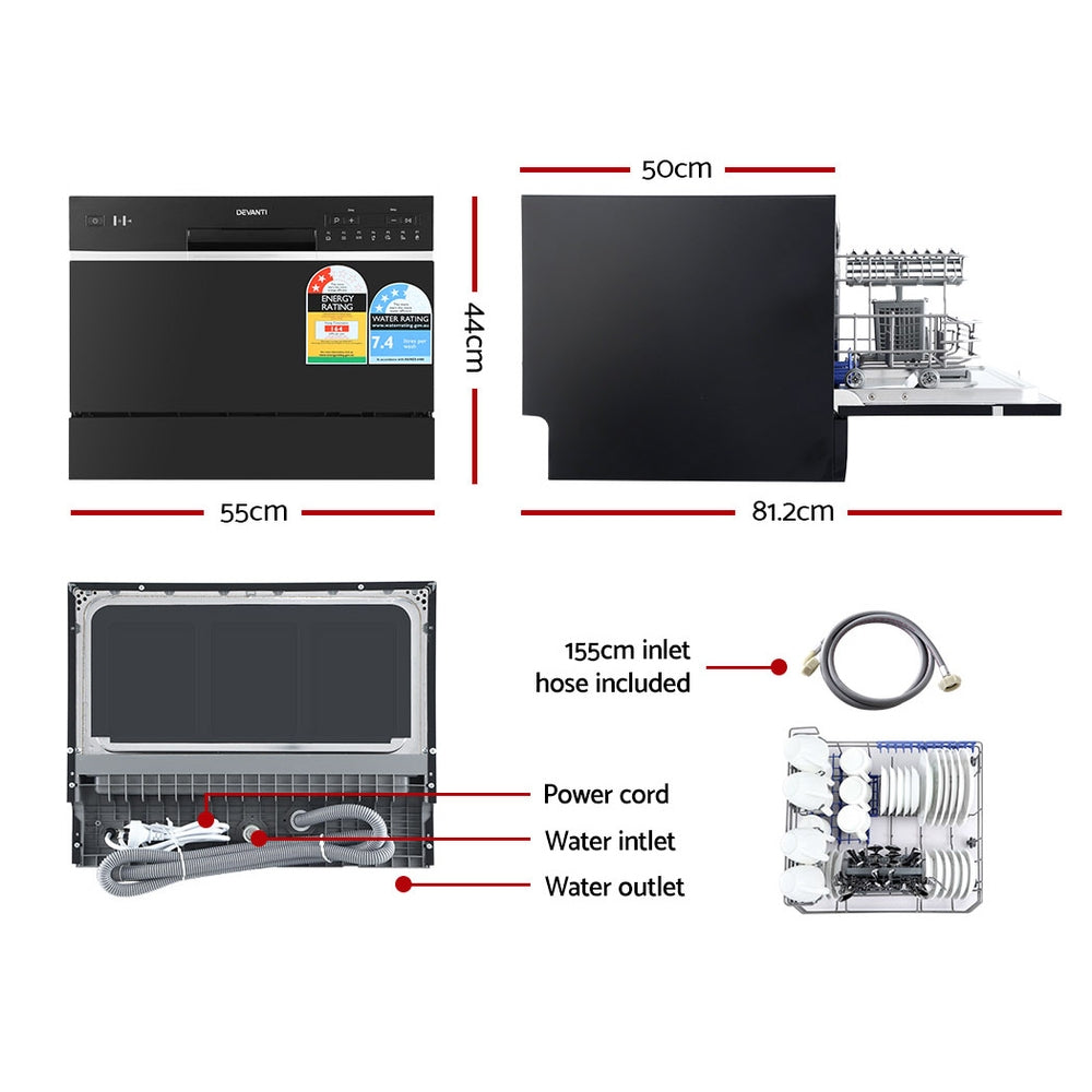 Devanti 6 Place Settings Benchtop Dishwasher Black