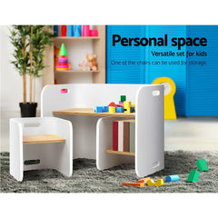 Keezi 3PCS Kids Table and Chairs Set Multifunctional Storage Desk White