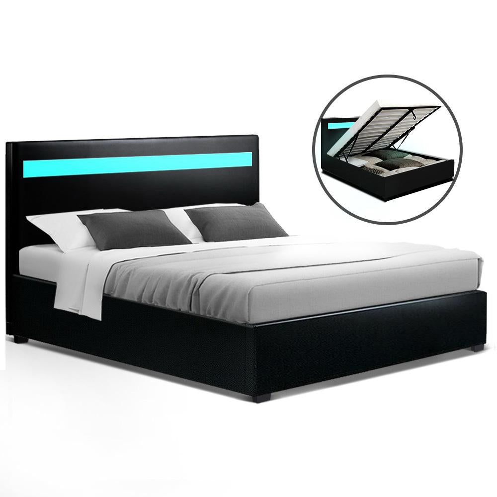Artiss Bed Frame Queen Size LED Gas Lift Black COLE