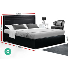 Artiss Bed Frame Queen Size LED Gas Lift Black COLE