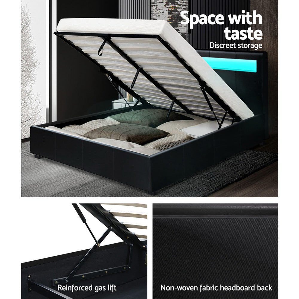 Artiss Bed Frame Queen Size LED Gas Lift Black COLE