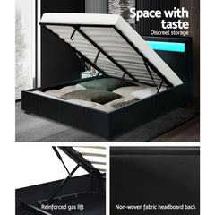 Artiss Bed Frame Queen Size LED Gas Lift Black COLE