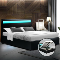 Artiss Bed Frame Queen Size LED Gas Lift Black COLE