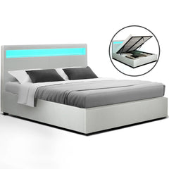 Artiss Bed Frame Queen Size LED Gas Lift White COLE