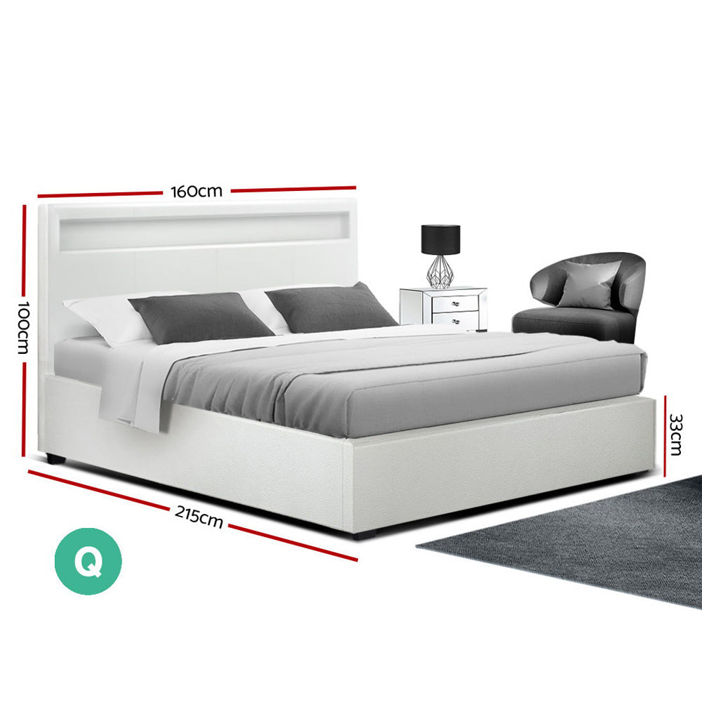 Artiss Bed Frame Queen Size LED Gas Lift White COLE