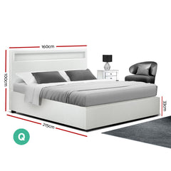 Artiss Bed Frame Queen Size LED Gas Lift White COLE