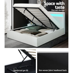 Artiss Bed Frame Queen Size LED Gas Lift White COLE