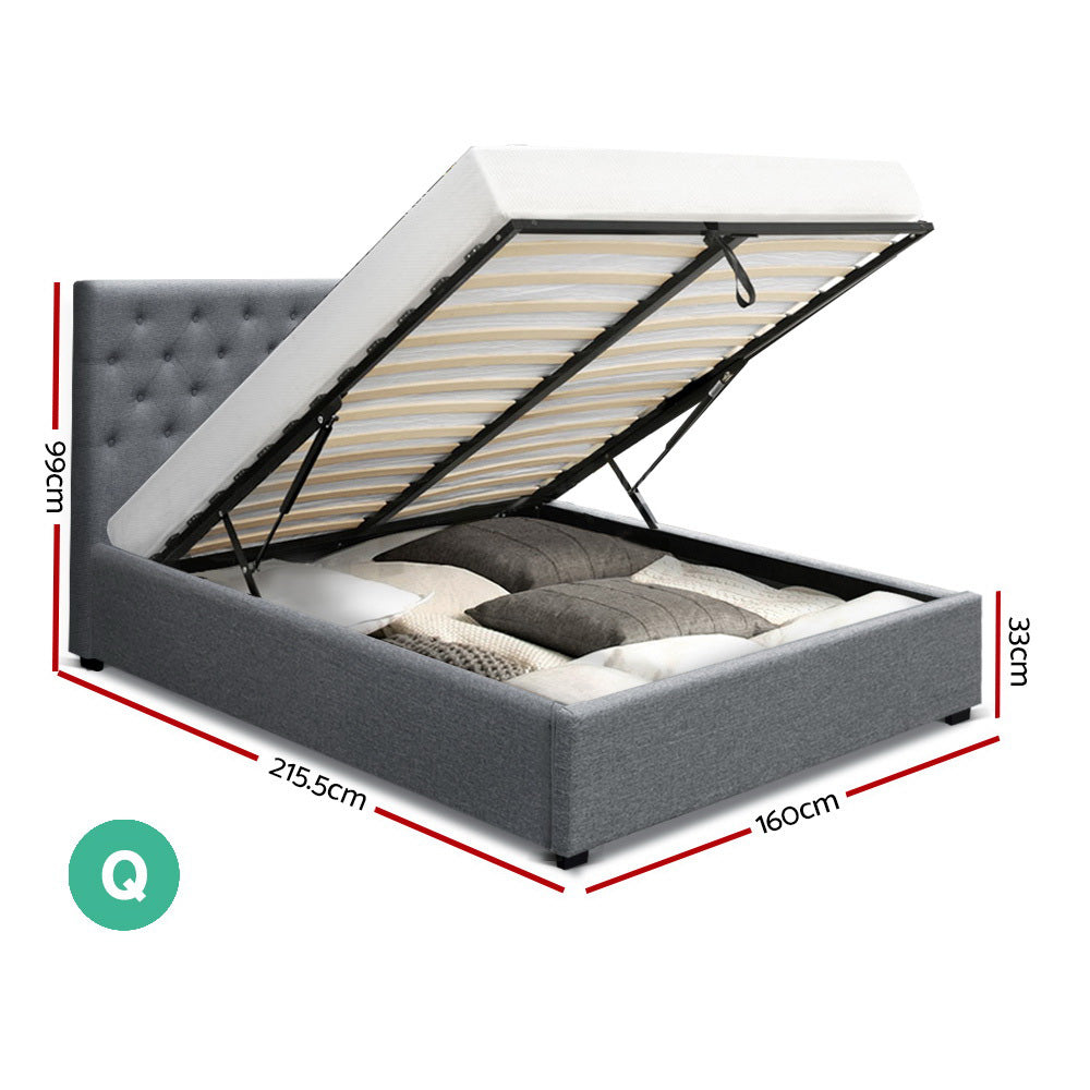 Artiss Bed Frame Queen Size Gas Lift Grey VILA