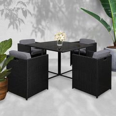 Gardeon Outdoor Dining Set 5 Piece Wicker Table Chairs Setting Black