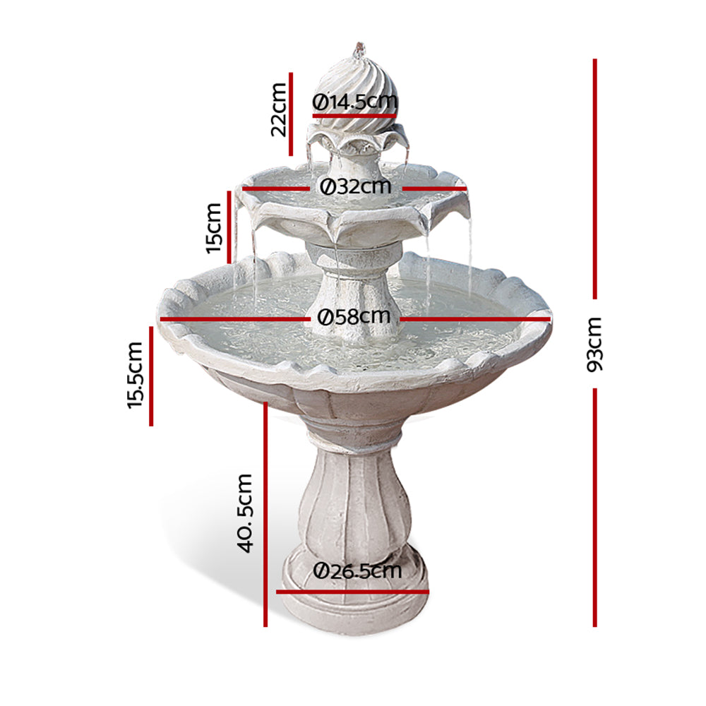 Gardeon Solar Water Feature 3-Tier Fountain with Pump Kit Bird Bath 93CM Ivory