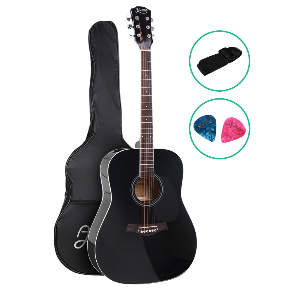 Alpha 41 Inch Acoustic Guitar Wooden Body Steel String Dreadnought Black