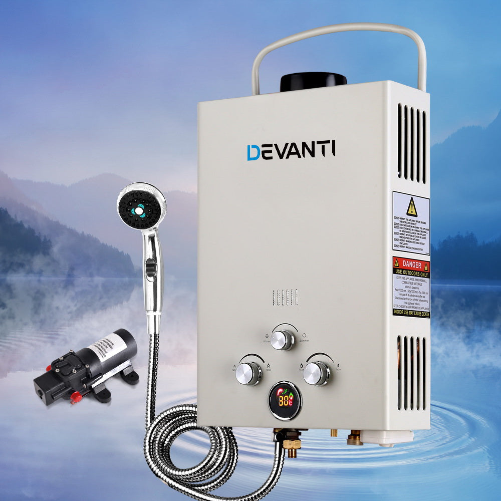 Devanti Portable Gas Water Heater 8L/Min With Pump LPG System Grey