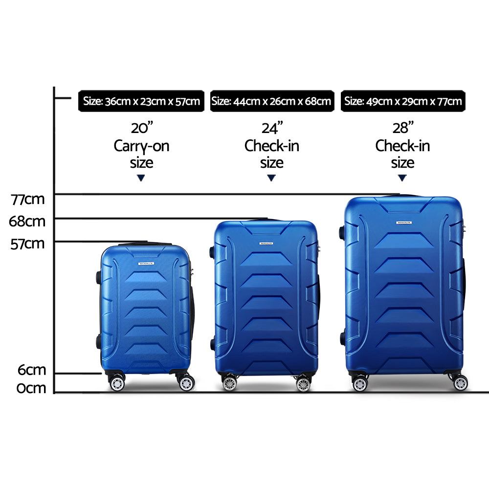 Wanderlite 3pc Luggage Trolley Travel Suitcase Set TSA Hard Shell Case Strap Blue