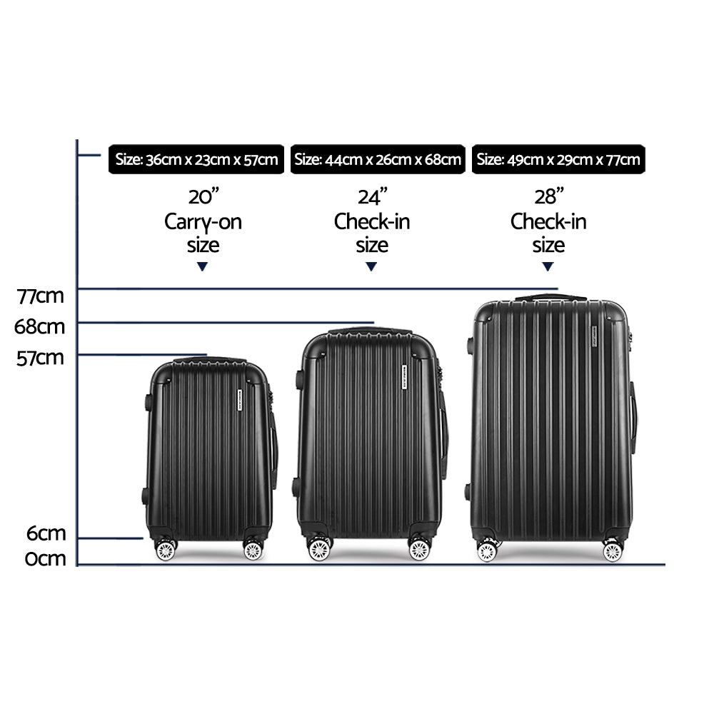Wanderlite 3 Set Luggage 20-24-28 Inch with Zipper Lock Carry On Hard Shell Travel Suitcase Luggage Case Black