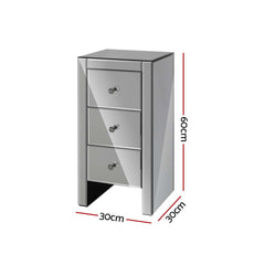 Artiss Bedside Table 3 Drawers Mirrored Glass - QUENN Grey