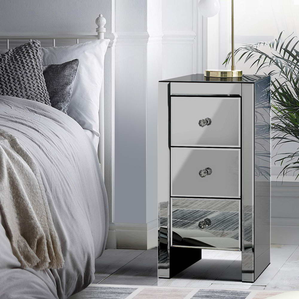 Artiss Bedside Table 3 Drawers Mirrored Glass - QUENN Grey