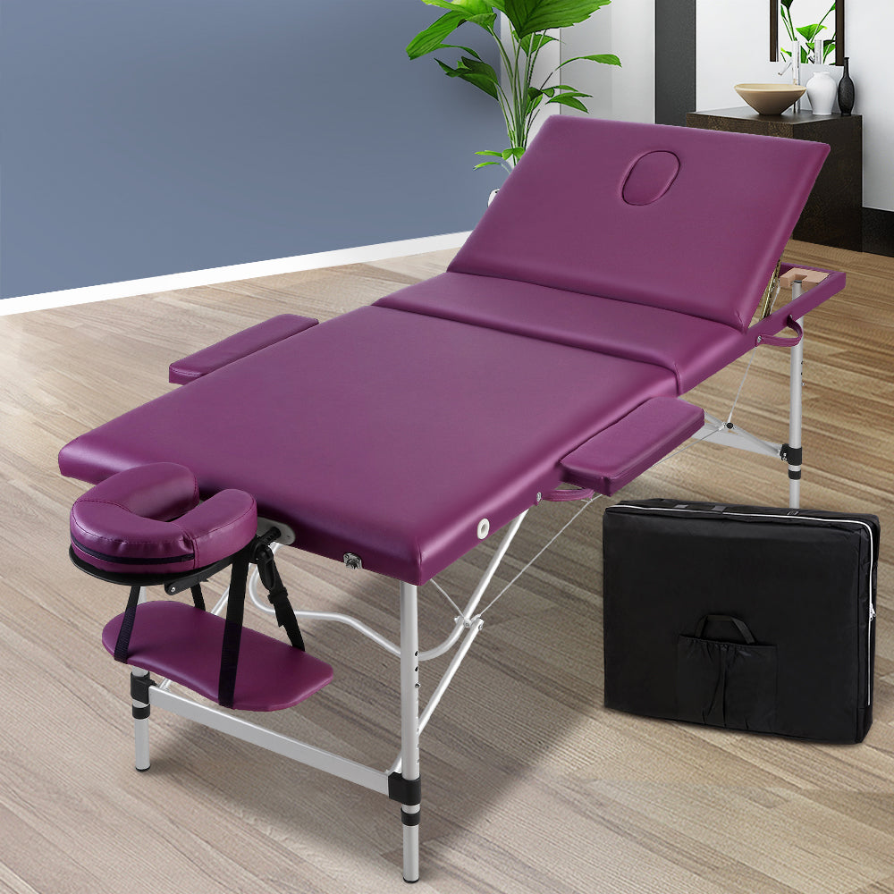 Zenses Massage Table 75cm Portable 3 Fold Aluminium Beauty Bed Violet