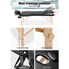 Zenses Massage Table 75cm Portable 3 Fold Wooden Beauty Bed Black