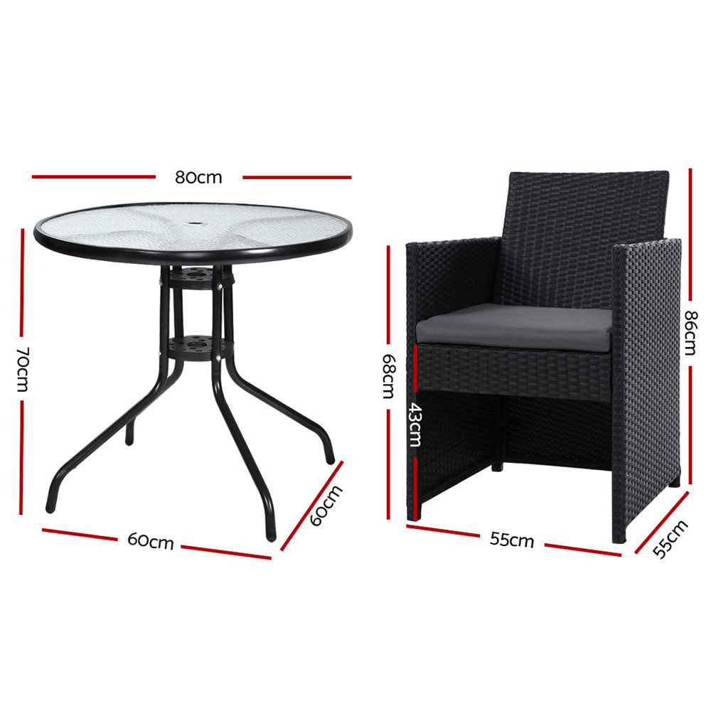 Gardeon 3PC Bistro Set Outdoor Furniture Rattan Table Chairs Cushion Patio Garden Hugo